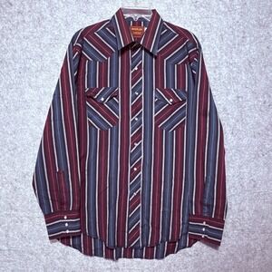 Rustler Western Pearl Snap Shirt Mens L Burgundy Blue Striped Vintage Long Tail